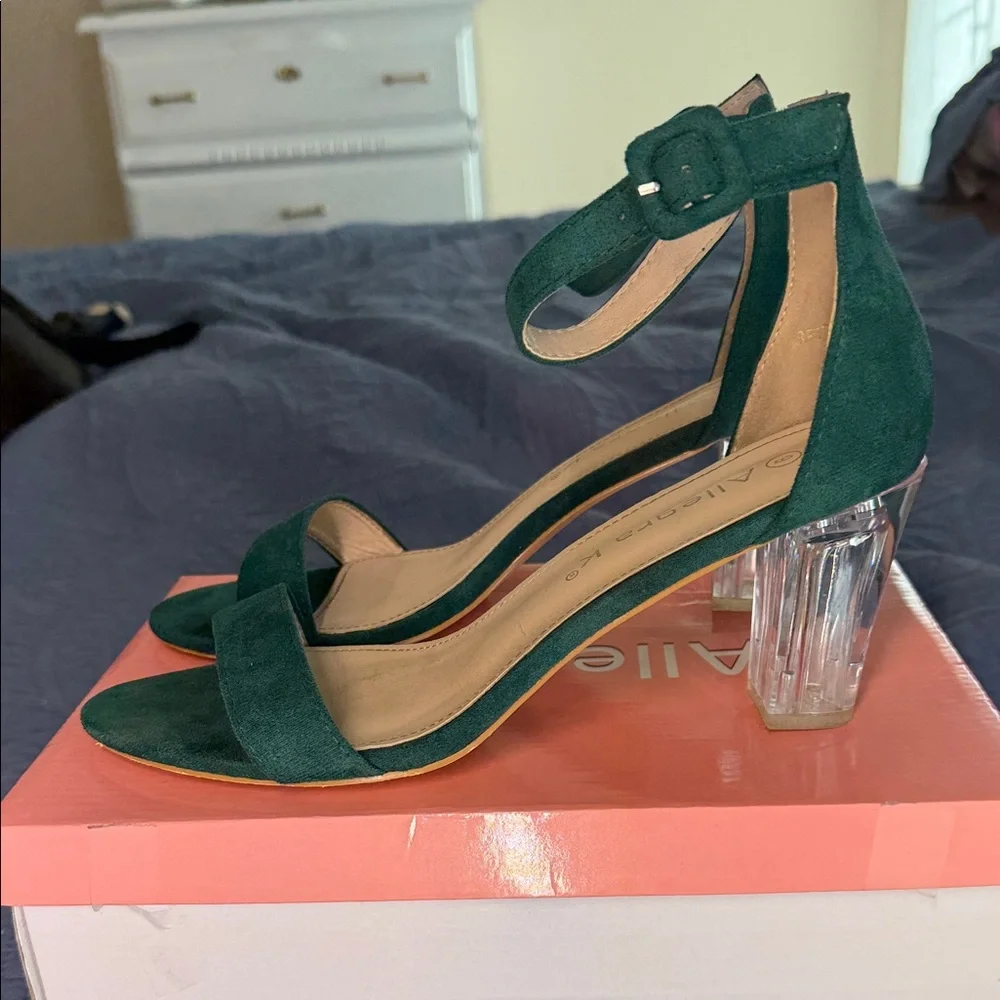 Allegra K Teal Green Suede Ankle Strap Block Heels - Picture 4 of 7